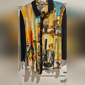 Artistic Painted-Print Women's Button-Front Blouse - Black Trim